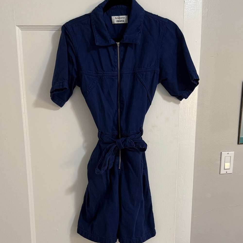 Reformation Dark Blue Short Sleeve Jumpsuit